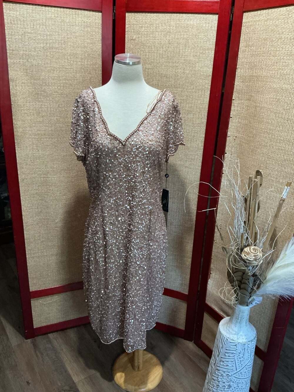 Adrianna Papell Rose Gold Sequin V-Neck Midi Dress
